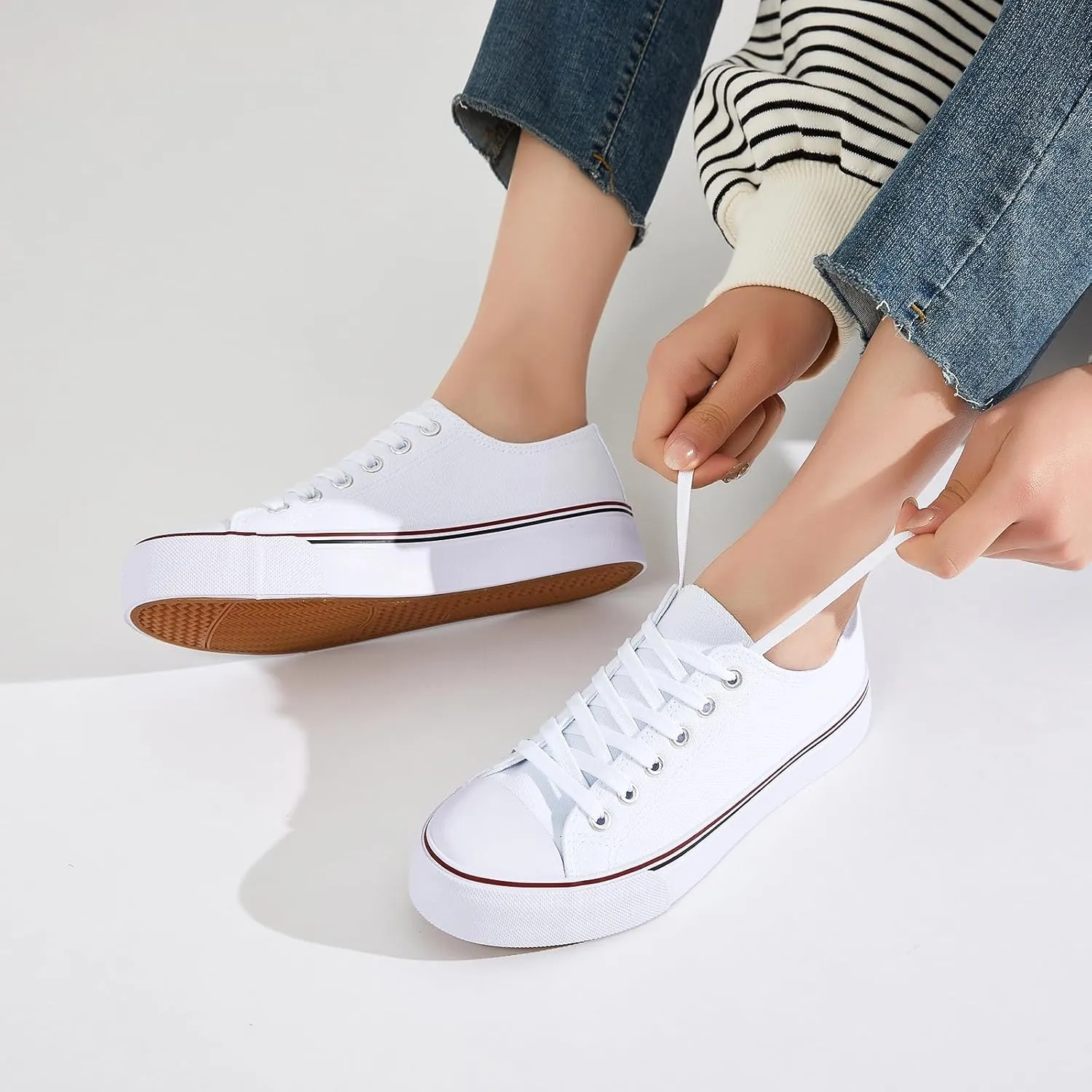 FRACORA Womens White Canvas Sneakers Low Top Lace Up Canvas Shoes Fashion Comfortable