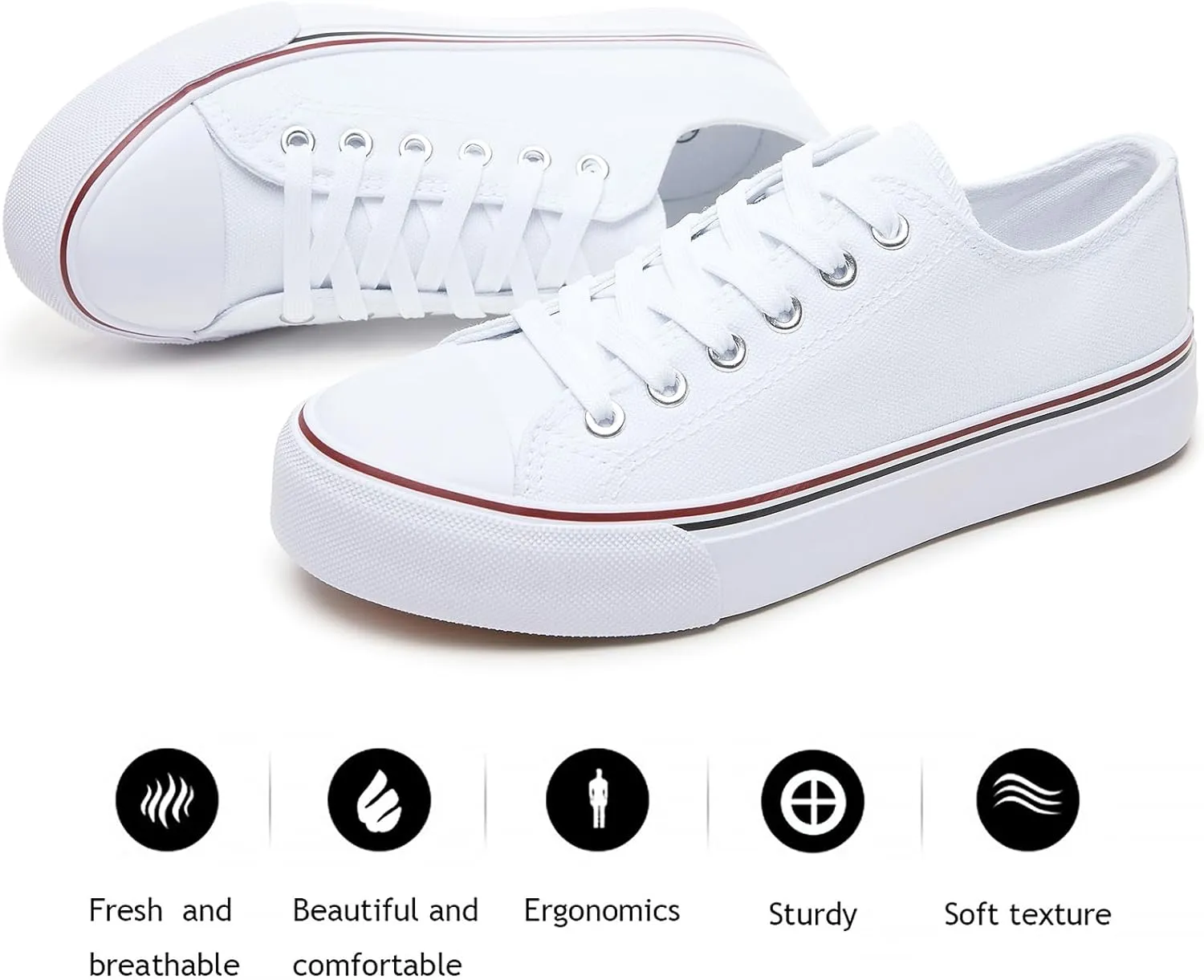 FRACORA Womens White Canvas Sneakers Low Top Lace Up Canvas Shoes Fashion Comfortable