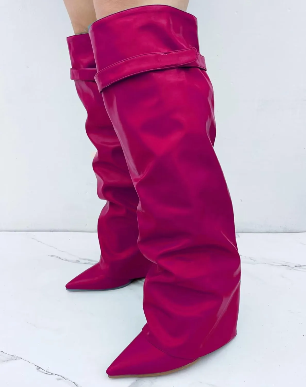 Frankie Hsu Fashion Designer Modern Sexy Women Men Shark Boot Big Size Green Synthetic Leather Wedge High Heels Knee High Heeled Calf Long Pant Boots US4-14