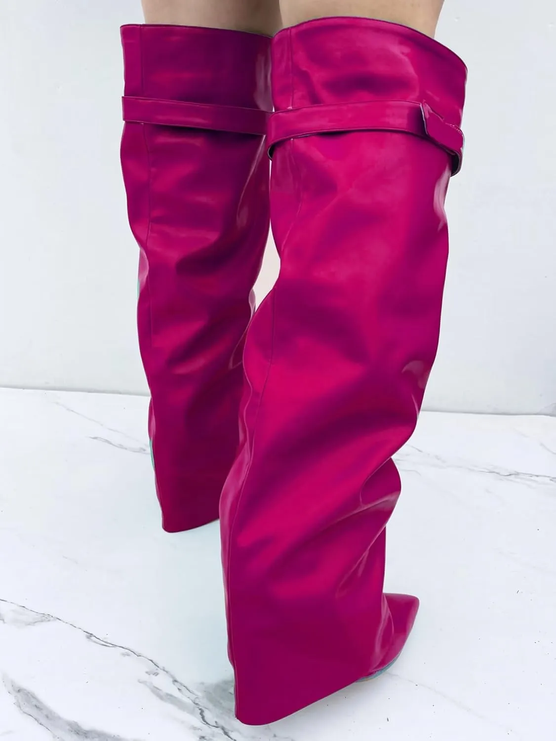 Frankie Hsu Fashion Designer Modern Sexy Women Men Shark Boot Big Size Green Synthetic Leather Wedge High Heels Knee High Heeled Calf Long Pant Boots US4-14