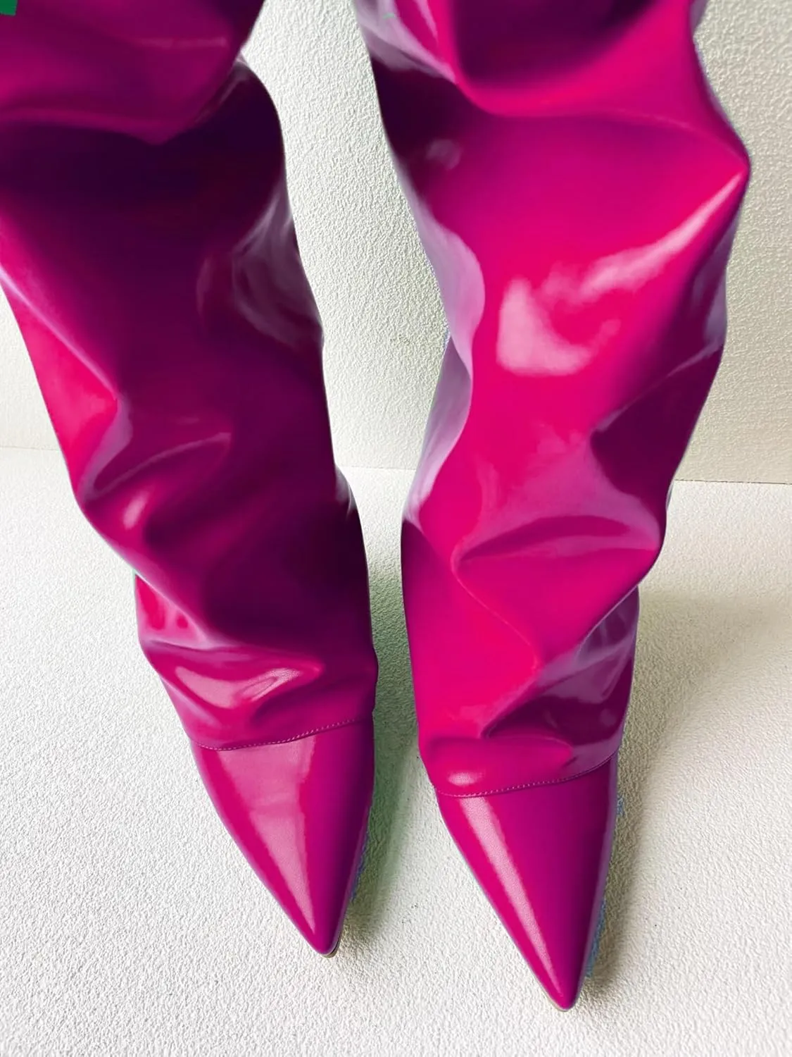 Frankie Hsu Fashion Designer Modern Sexy Women Men Shark Boot Big Size Green Synthetic Leather Wedge High Heels Knee High Heeled Calf Long Pant Boots US4-14