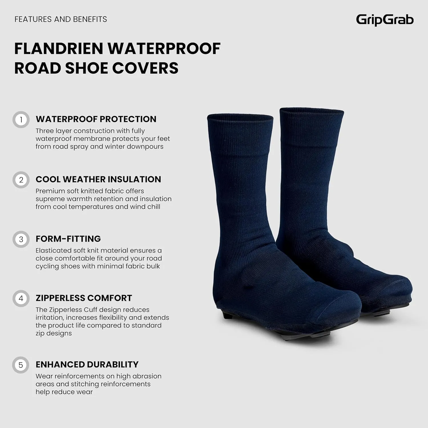 GripGrab Flandrien Waterproof Knitted Road Cycling Shoe Covers High Cut Windproof Insulating Zipperless Aero Overshoes