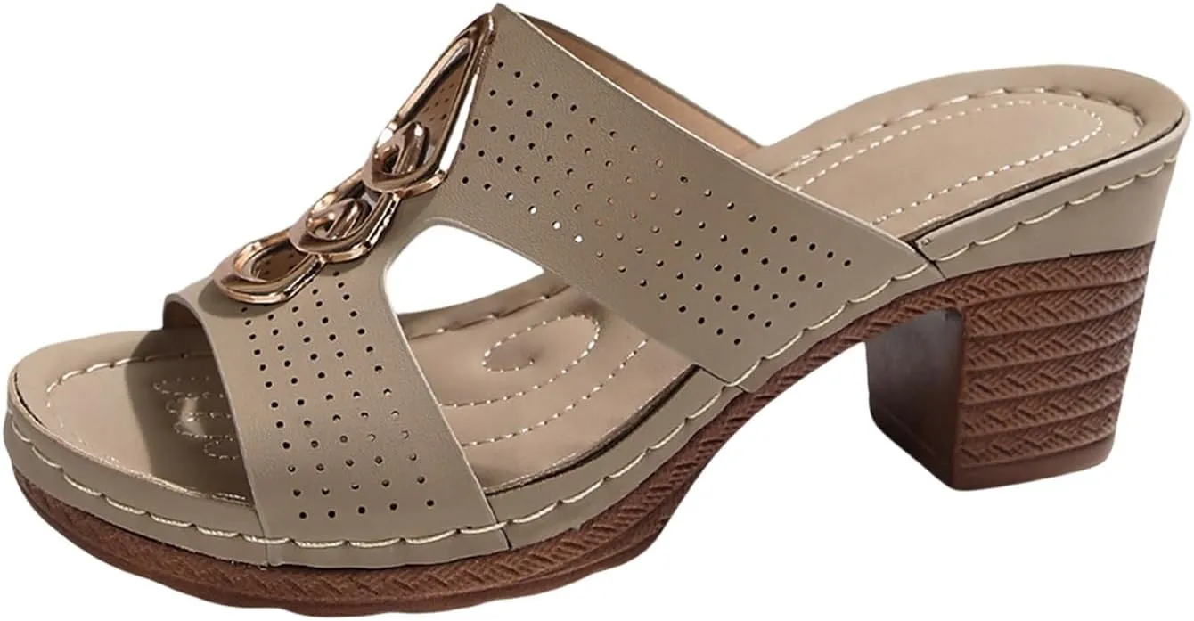 Heeled Sandals for Women Open Toe Slip On Slides Platform Wedge Sandals Chunky Heels Low Block Heeled Sandal Cutout Comfortable Summer Shoes