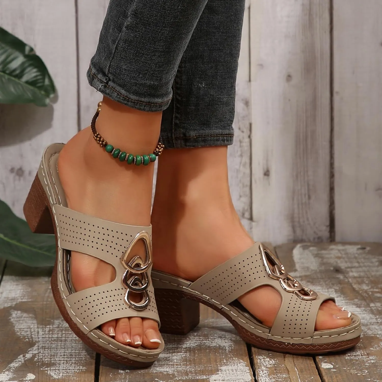 Heeled Sandals for Women Open Toe Slip On Slides Platform Wedge Sandals Chunky Heels Low Block Heeled Sandal Cutout Comfortable Summer Shoes