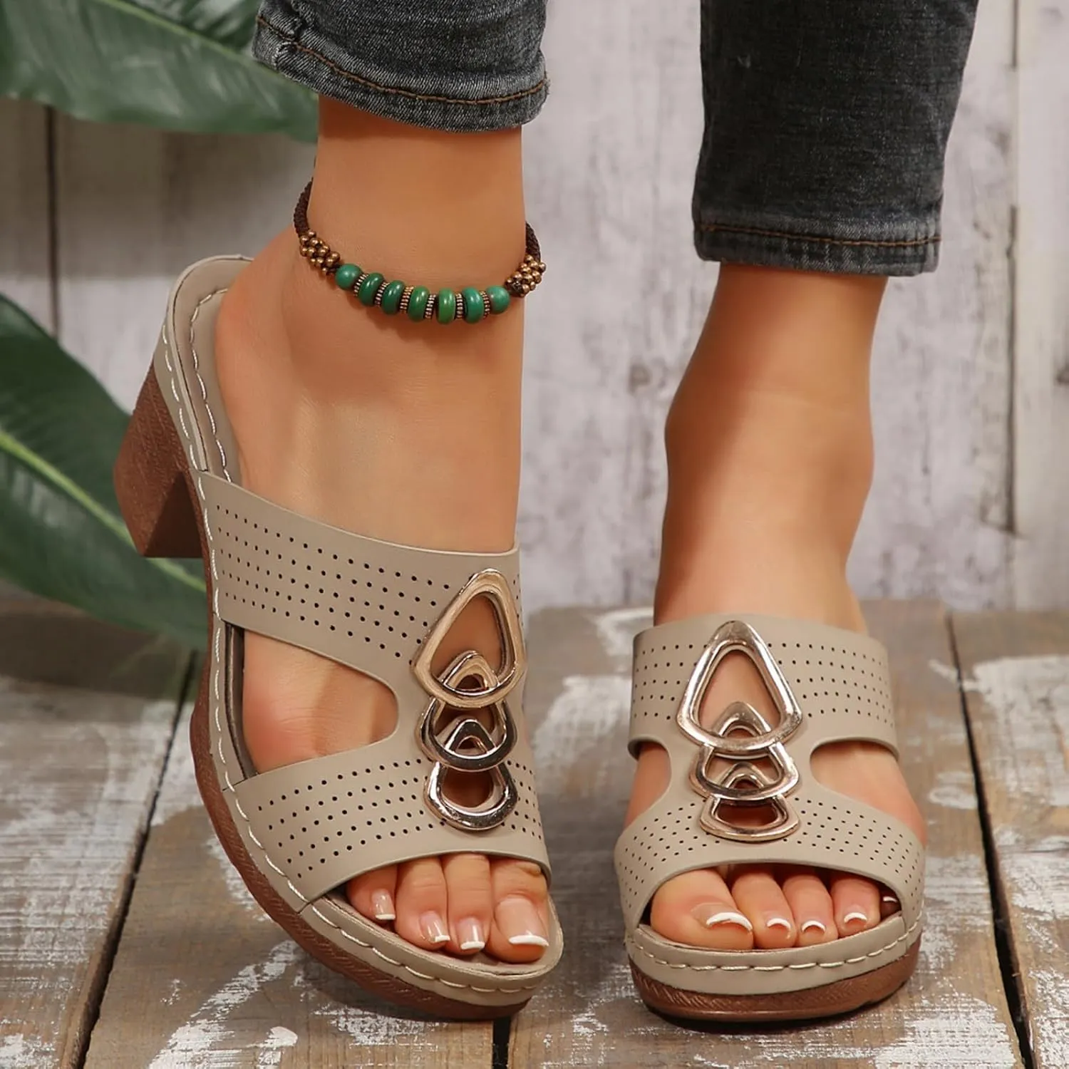 Heeled Sandals for Women Open Toe Slip On Slides Platform Wedge Sandals Chunky Heels Low Block Heeled Sandal Cutout Comfortable Summer Shoes