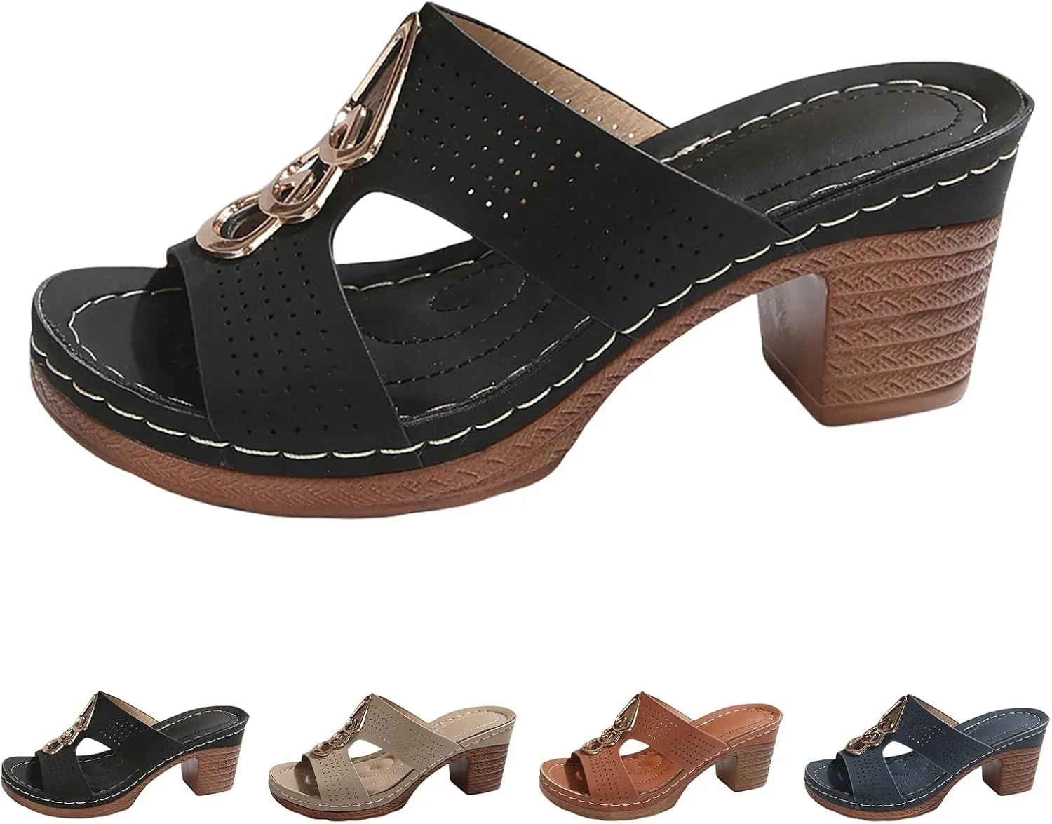 Heeled Sandals for Women Open Toe Slip On Slides Platform Wedge Sandals Chunky Heels Low Block Heeled Sandal Cutout Comfortable Summer Shoes