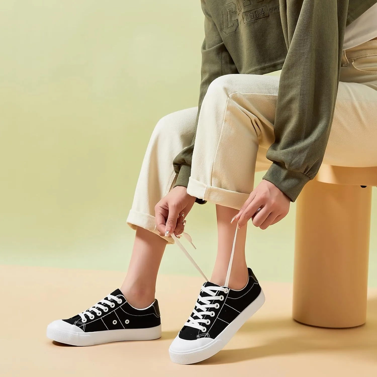 HYPOCRUTE Women's Canvas Shoes Low Top Canvas Sneakers Lace up White Tennis Shoes Casual Walking Shoes for Women