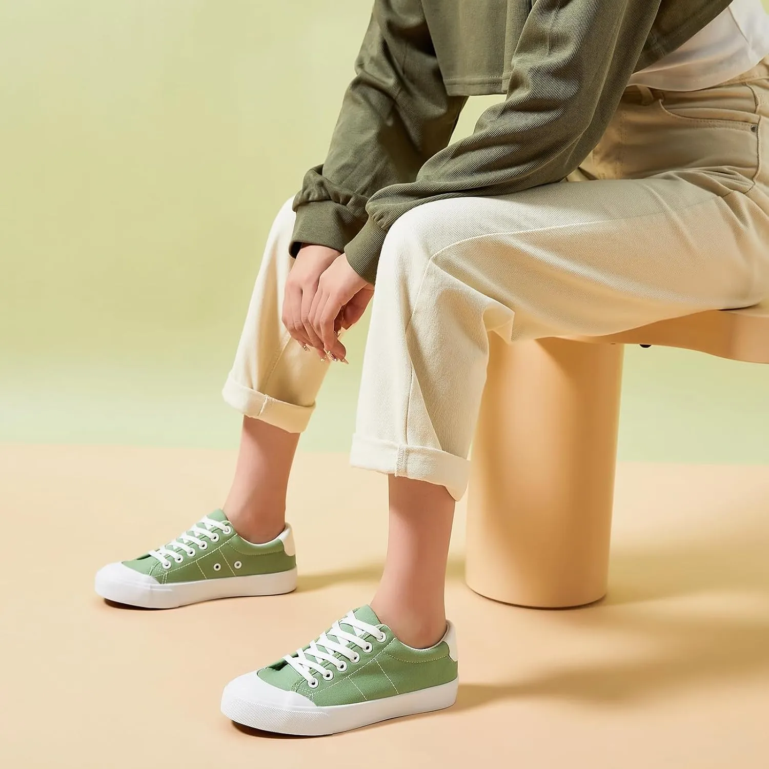 HYPOCRUTE Women's Canvas Shoes Low Top Canvas Sneakers Lace up White Tennis Shoes Casual Walking Shoes for Women