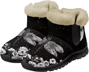 Jeiento Beauty Dragonfly Snow Boots for Women Flower Fuzzy Ankle Booties Hiking Boots Non Slip