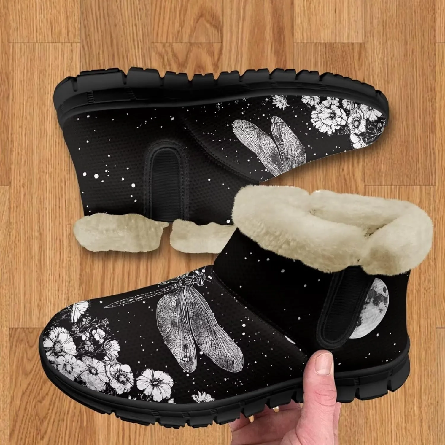 Jeiento Beauty Dragonfly Snow Boots for Women Flower Fuzzy Ankle Booties Hiking Boots Non Slip