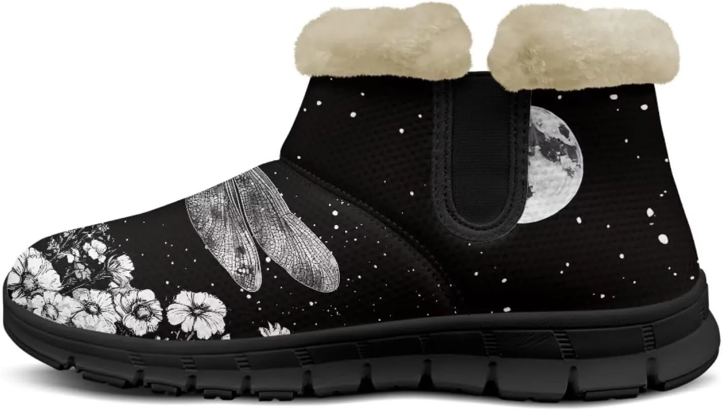 Jeiento Beauty Dragonfly Snow Boots for Women Flower Fuzzy Ankle Booties Hiking Boots Non Slip