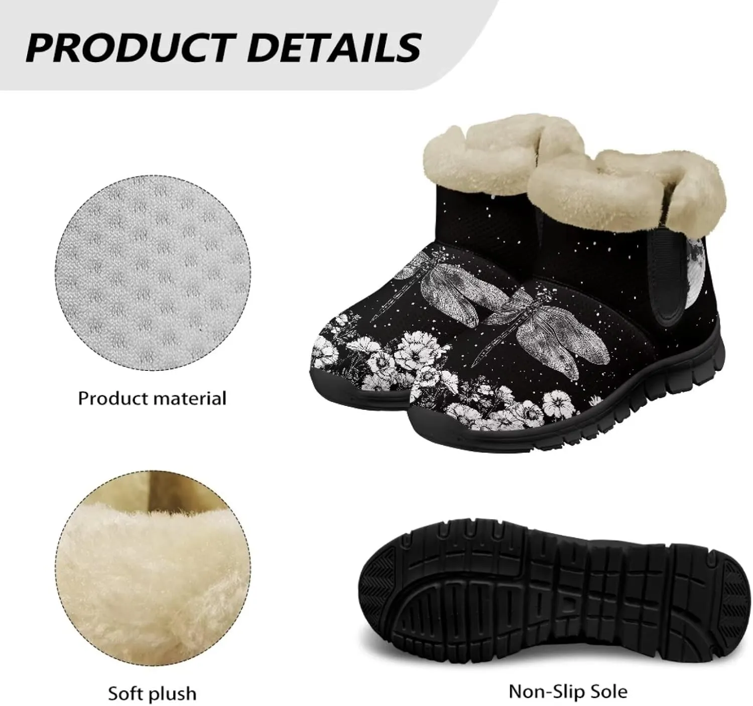 Jeiento Beauty Dragonfly Snow Boots for Women Flower Fuzzy Ankle Booties Hiking Boots Non Slip