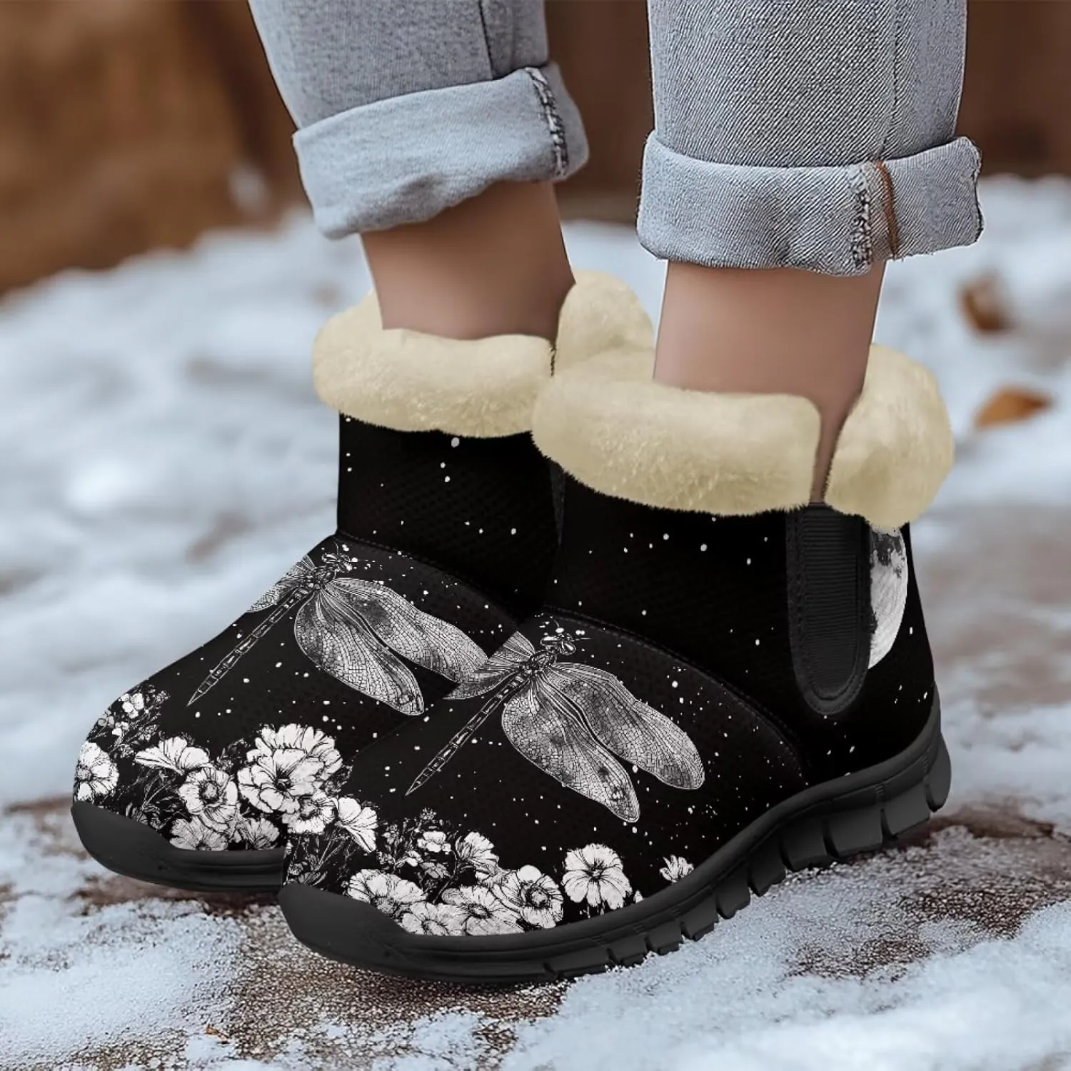 Jeiento Beauty Dragonfly Snow Boots for Women Flower Fuzzy Ankle Booties Hiking Boots Non Slip