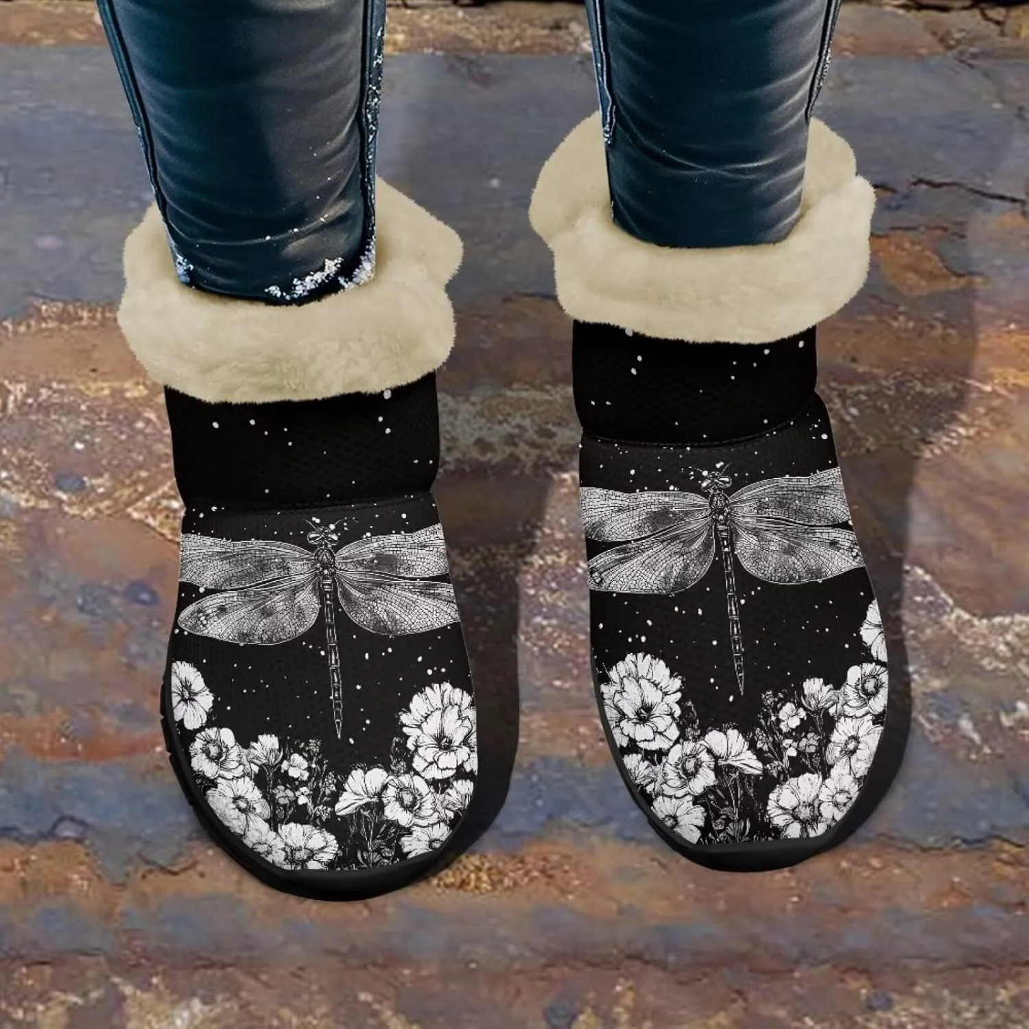 Jeiento Beauty Dragonfly Snow Boots for Women Flower Fuzzy Ankle Booties Hiking Boots Non Slip