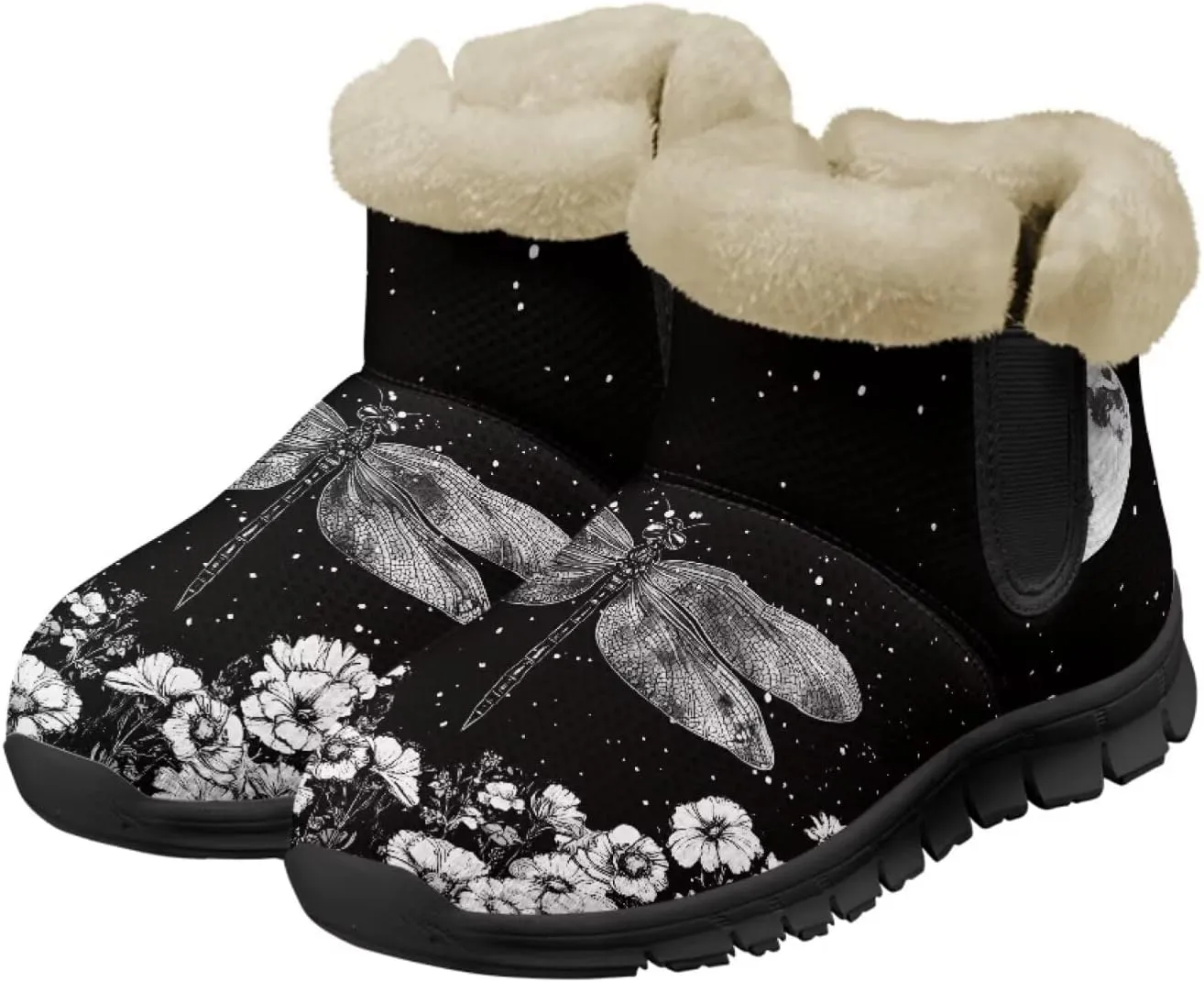 Jeiento Beauty Dragonfly Snow Boots for Women Flower Fuzzy Ankle Booties Hiking Boots Non Slip