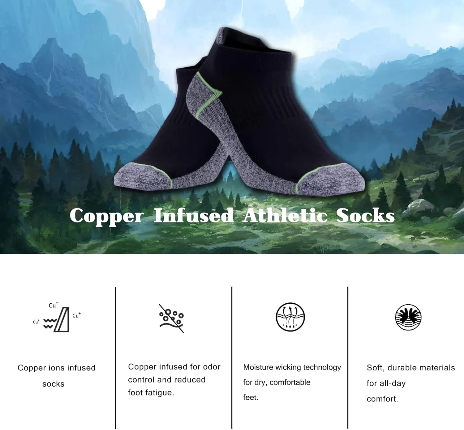 Kodal Copper Ankle Athletic Running Socks Moisture Wicking Odor Control for Sweaty Feet