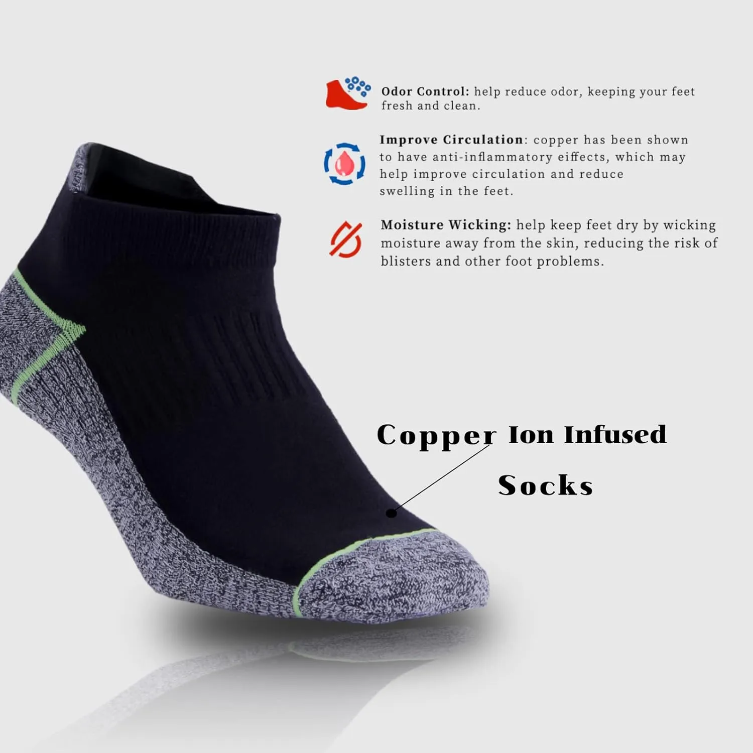 Kodal Copper Ankle Athletic Running Socks Moisture Wicking Odor Control for Sweaty Feet