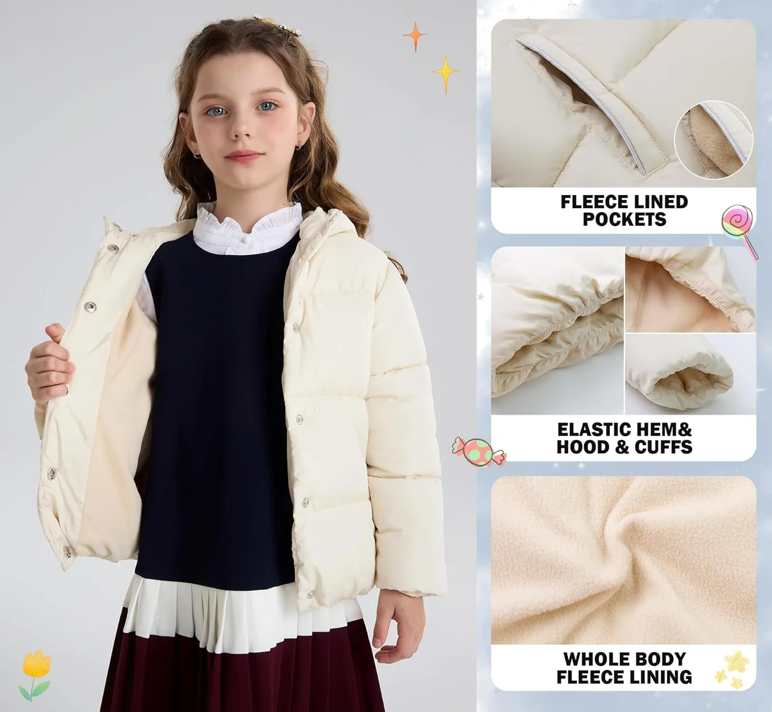 maoo garden Toddler Girls Puffer Winter Jacket 3-7 Years Little Girls Faux-Down Fleece Lined Water-Resistant Coat
