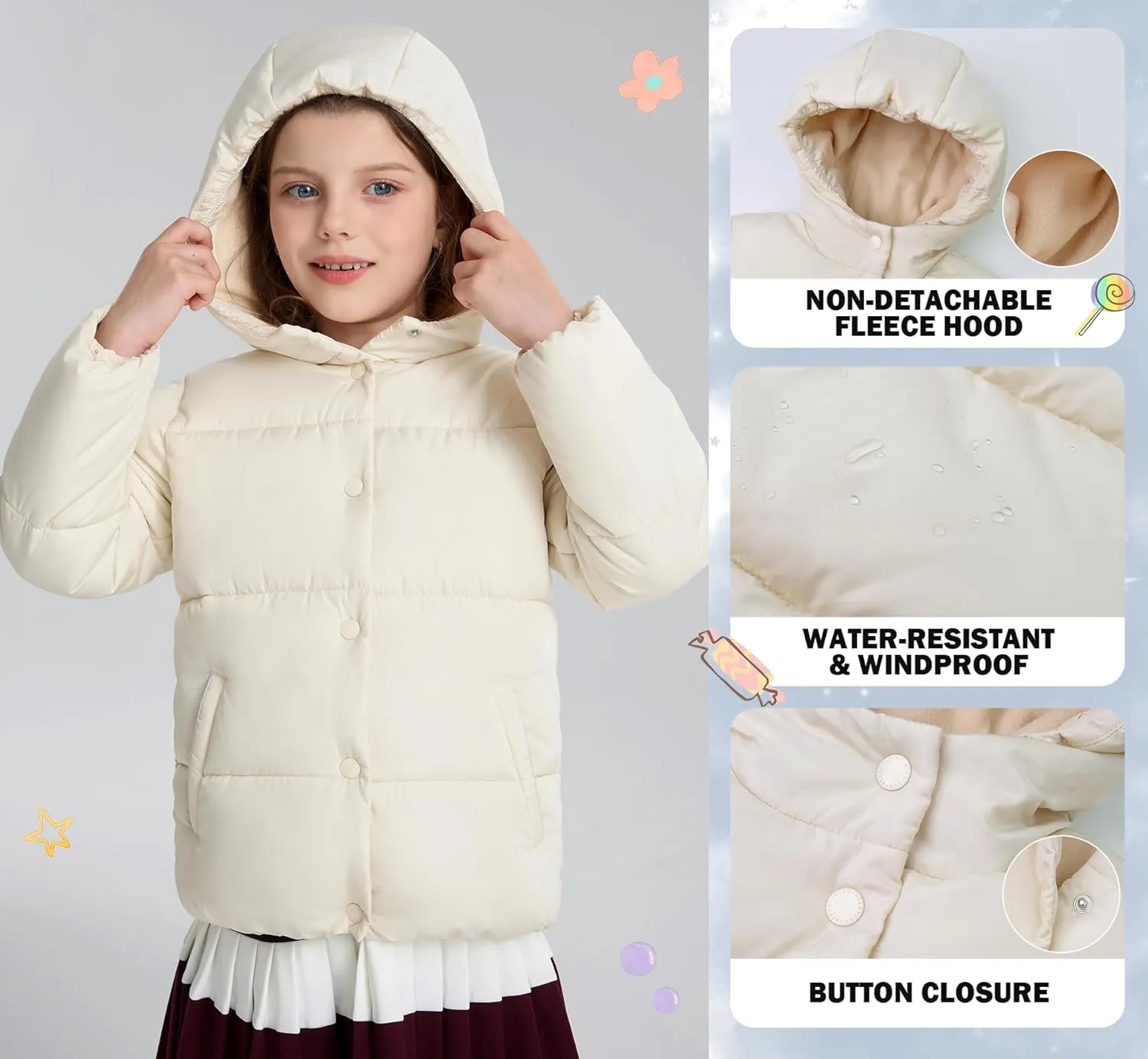 maoo garden Toddler Girls Puffer Winter Jacket 3-7 Years Little Girls Faux-Down Fleece Lined Water-Resistant Coat