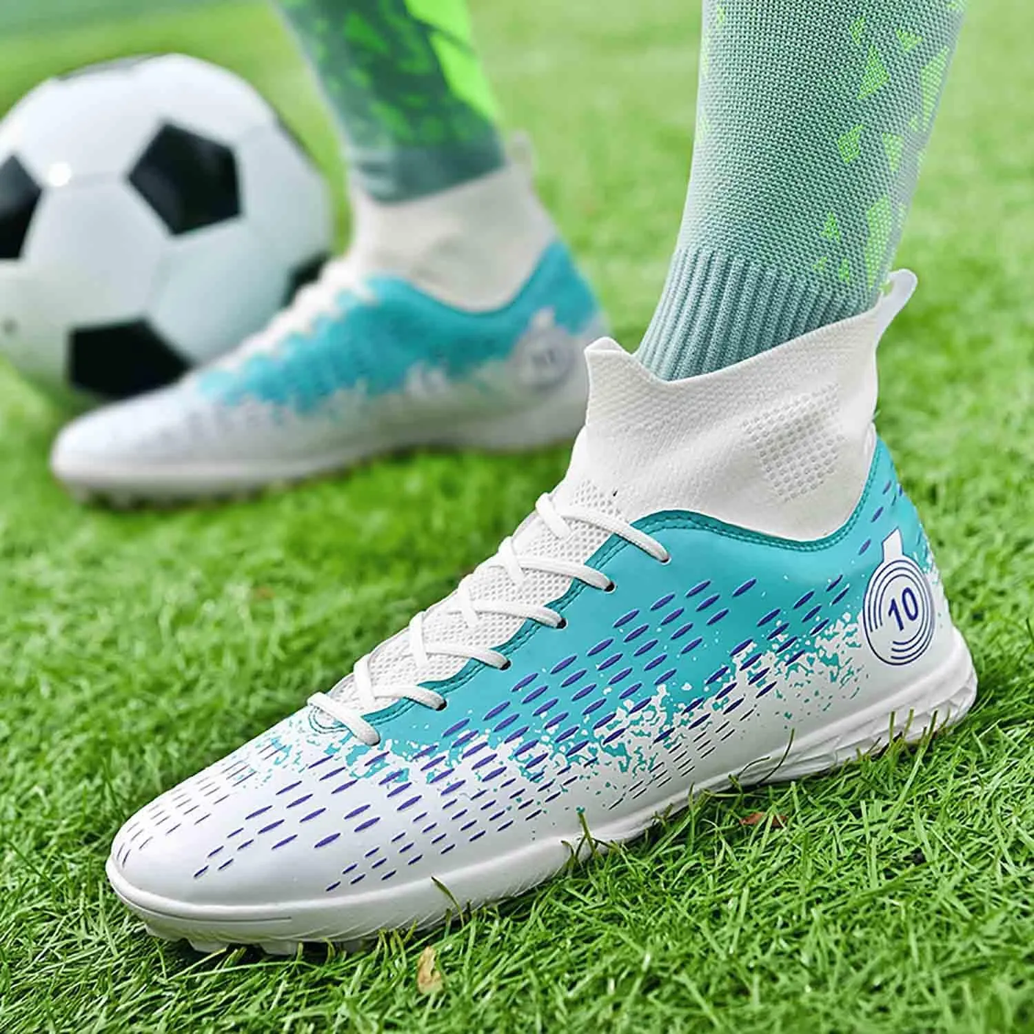 MEBAMY Men's Soccer Shoes Cleats TF High Tops Football Boots for Kids Outdoor Professional Training Athletic Turf Sneaker Rubber Sole