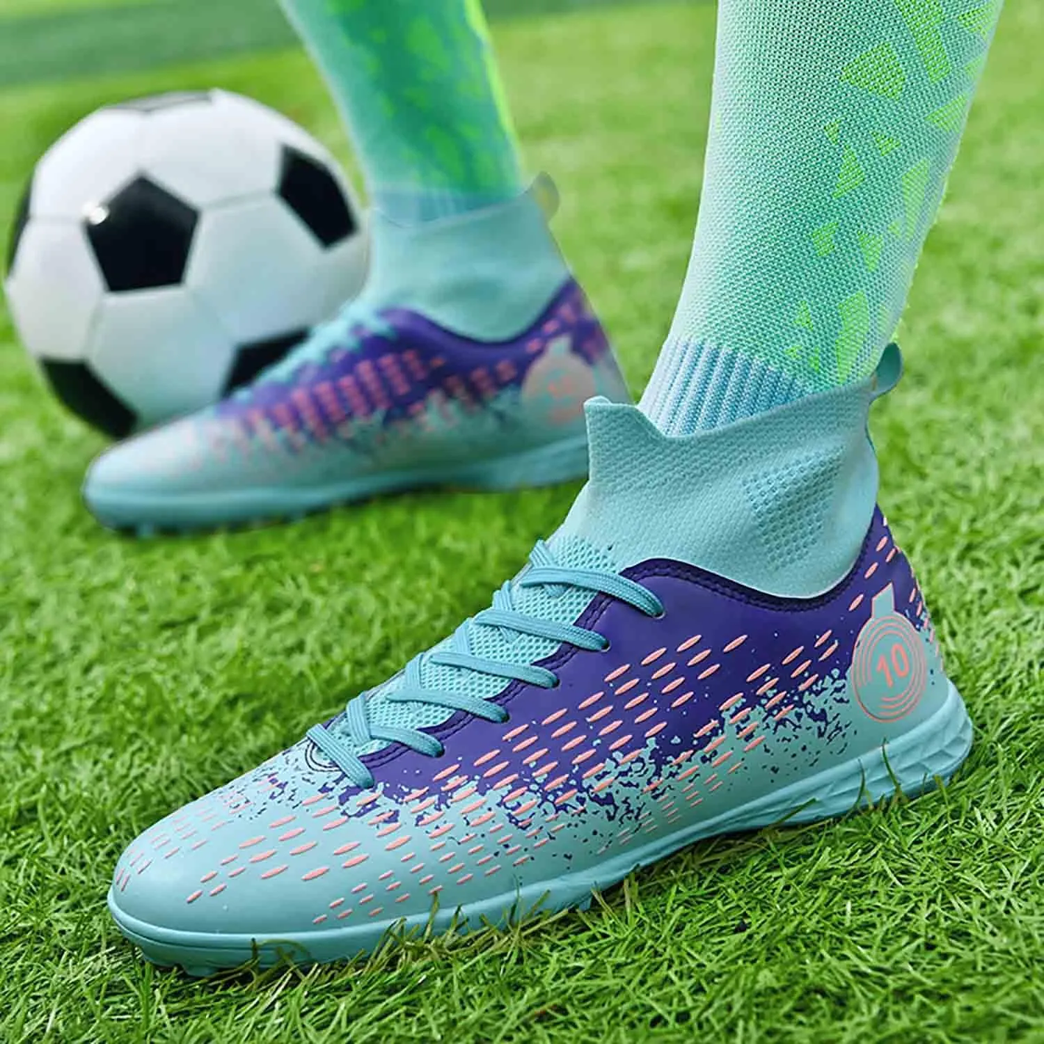 MEBAMY Men's Soccer Shoes Cleats TF High Tops Football Boots for Kids Outdoor Professional Training Athletic Turf Sneaker Rubber Sole