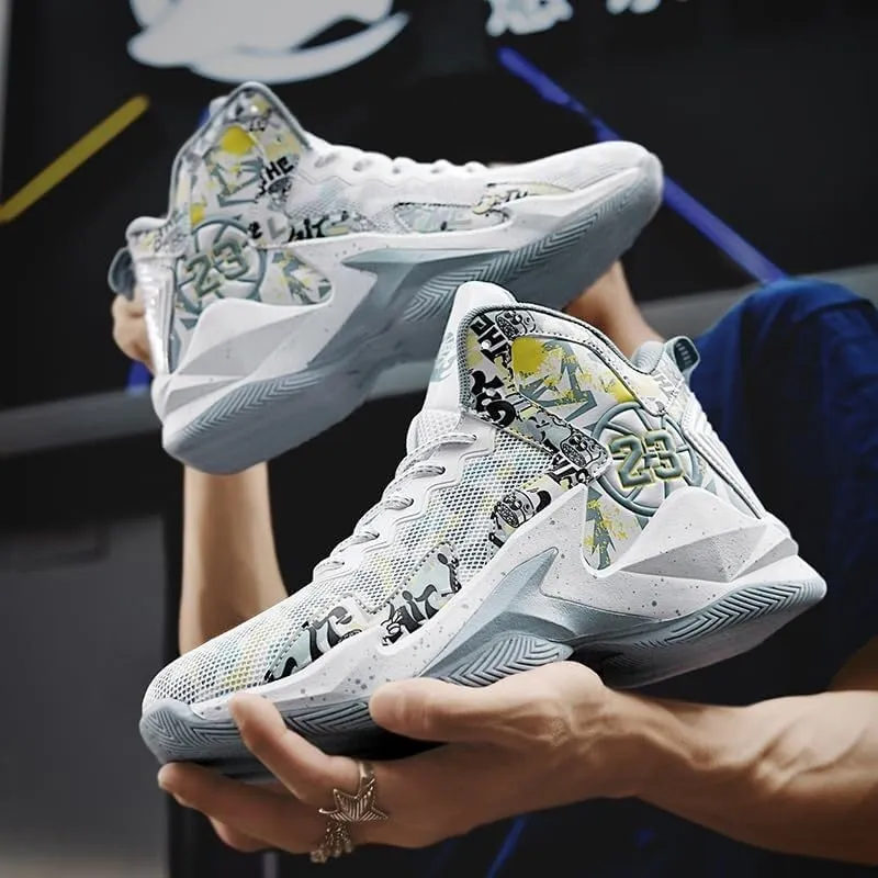 Men's Basketball Shoes with Breathable Non Slip Mesh High Cut Comfortable Sports Training Boots(White Grey,8.5)