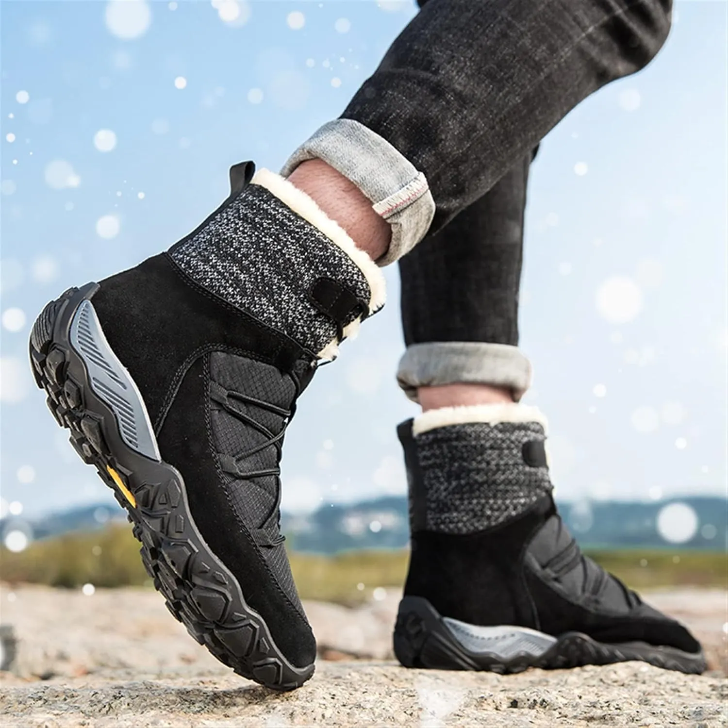 Mens Boots Winter Mens Hiking Boots Snow Boots Plus Velvet Warm Side Outdoor Casual Snow Boots Non-slip Men Cotton Shoes