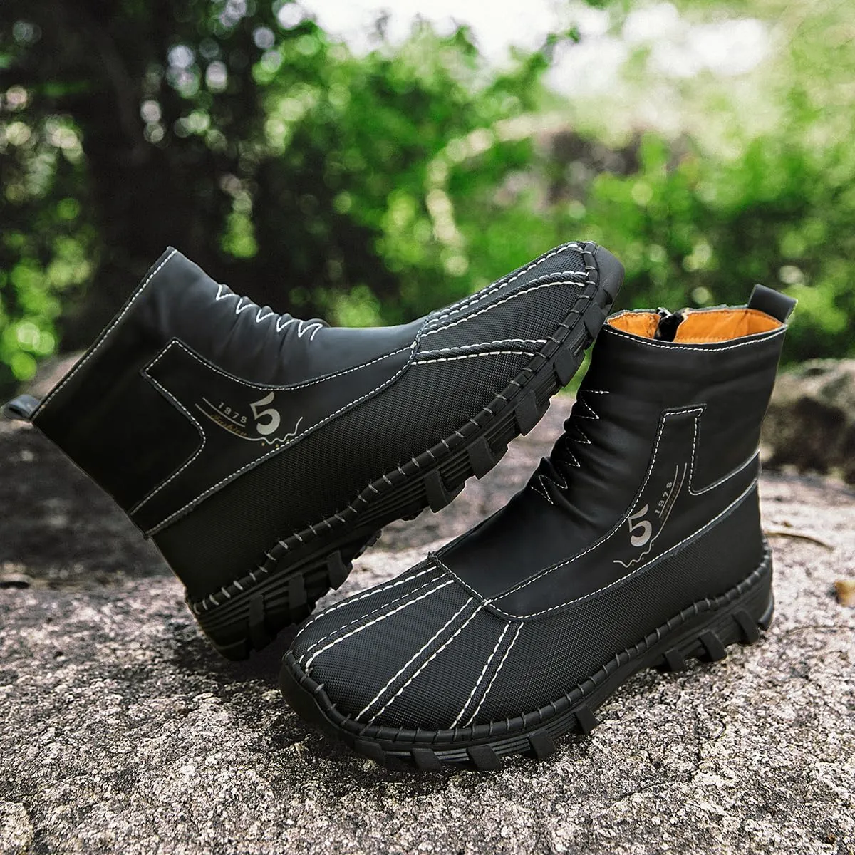 Mens Hiking Boots Waterproof Winter Snow Boots with Non-Slip Rubber Sole Black Slip Resistant Boots Outdoor Shoes for Men