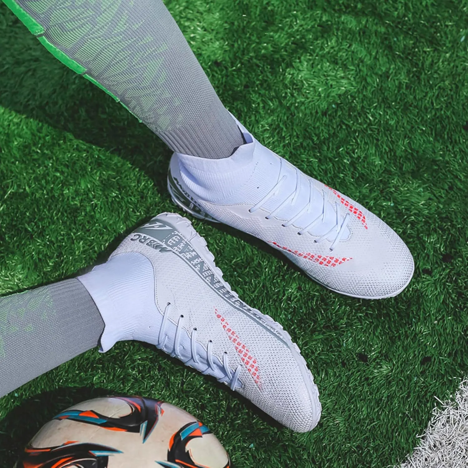 Men's Soccer Cleats Football Shoes with High-Tops Lace-Up Spikes Indoor Firm Ground Turf Training Exercise Futsal Boots