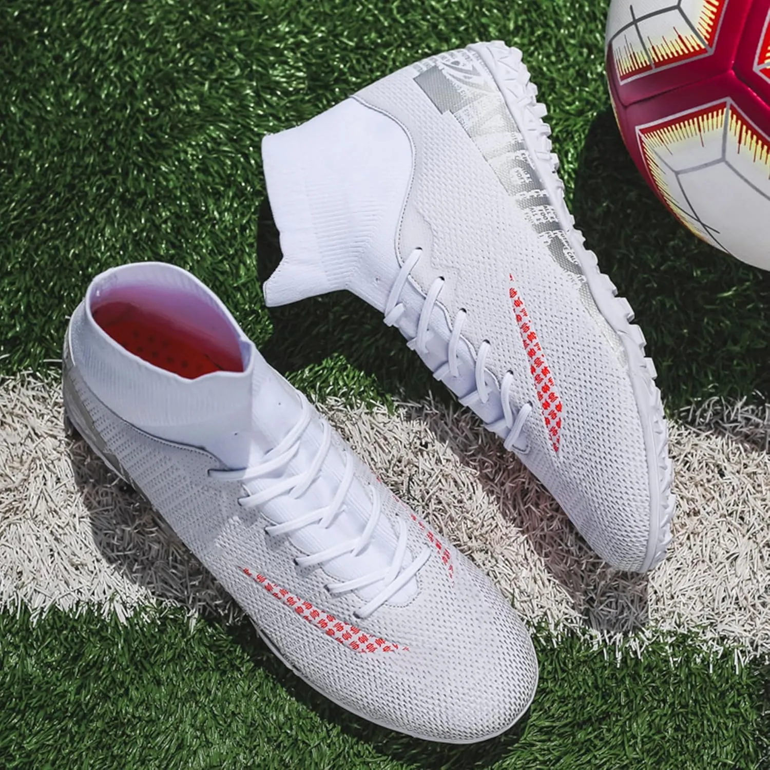 Men's Soccer Cleats Football Shoes with High-Tops Lace-Up Spikes Indoor Firm Ground Turf Training Exercise Futsal Boots