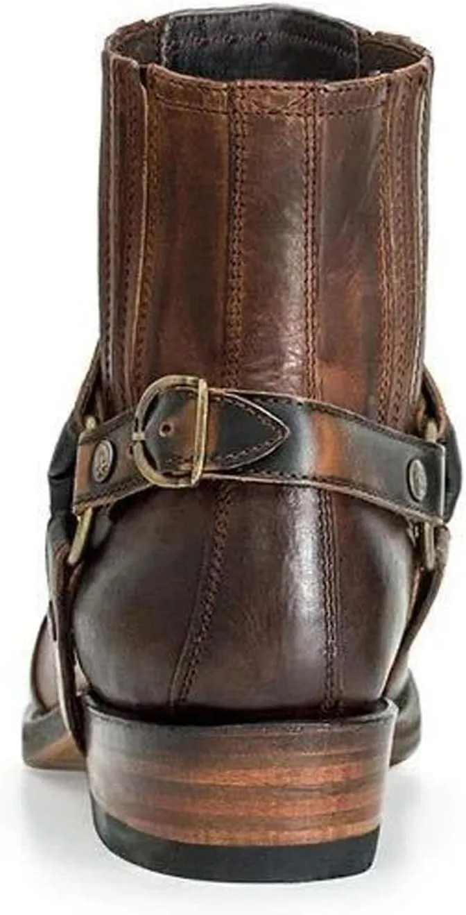 Men's Western Ankle Boots Fashion Buckle Strap Slip-on Boots Retro Leather Pointed Toe Chunky Heel Booties Cowboy Short Boots