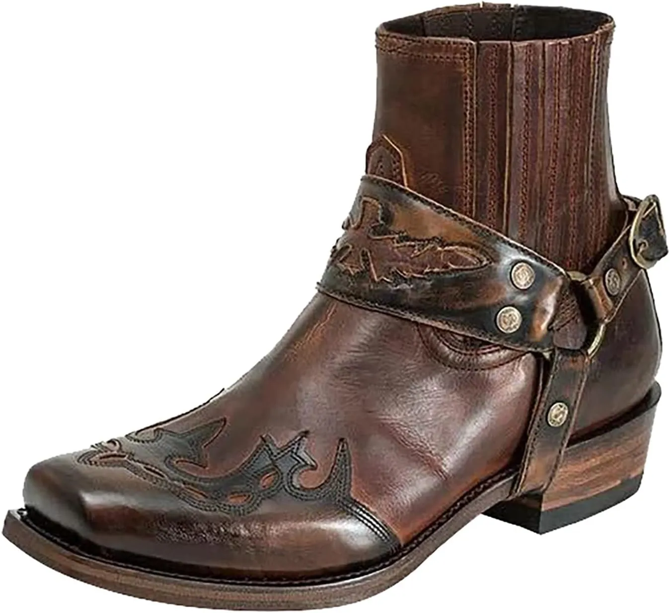 Men's Western Ankle Boots Fashion Buckle Strap Slip-on Boots Retro Leather Pointed Toe Chunky Heel Booties Cowboy Short Boots