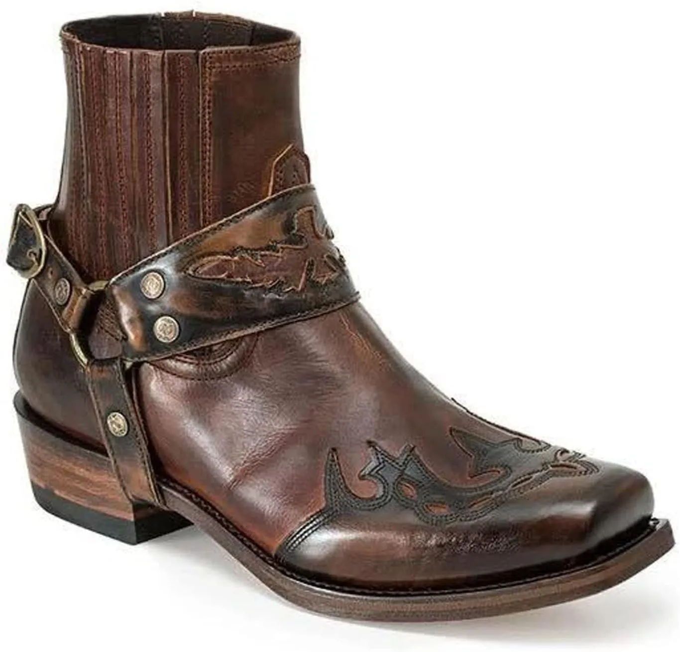 Men's Western Ankle Boots Fashion Buckle Strap Slip-on Boots Retro Leather Pointed Toe Chunky Heel Booties Cowboy Short Boots