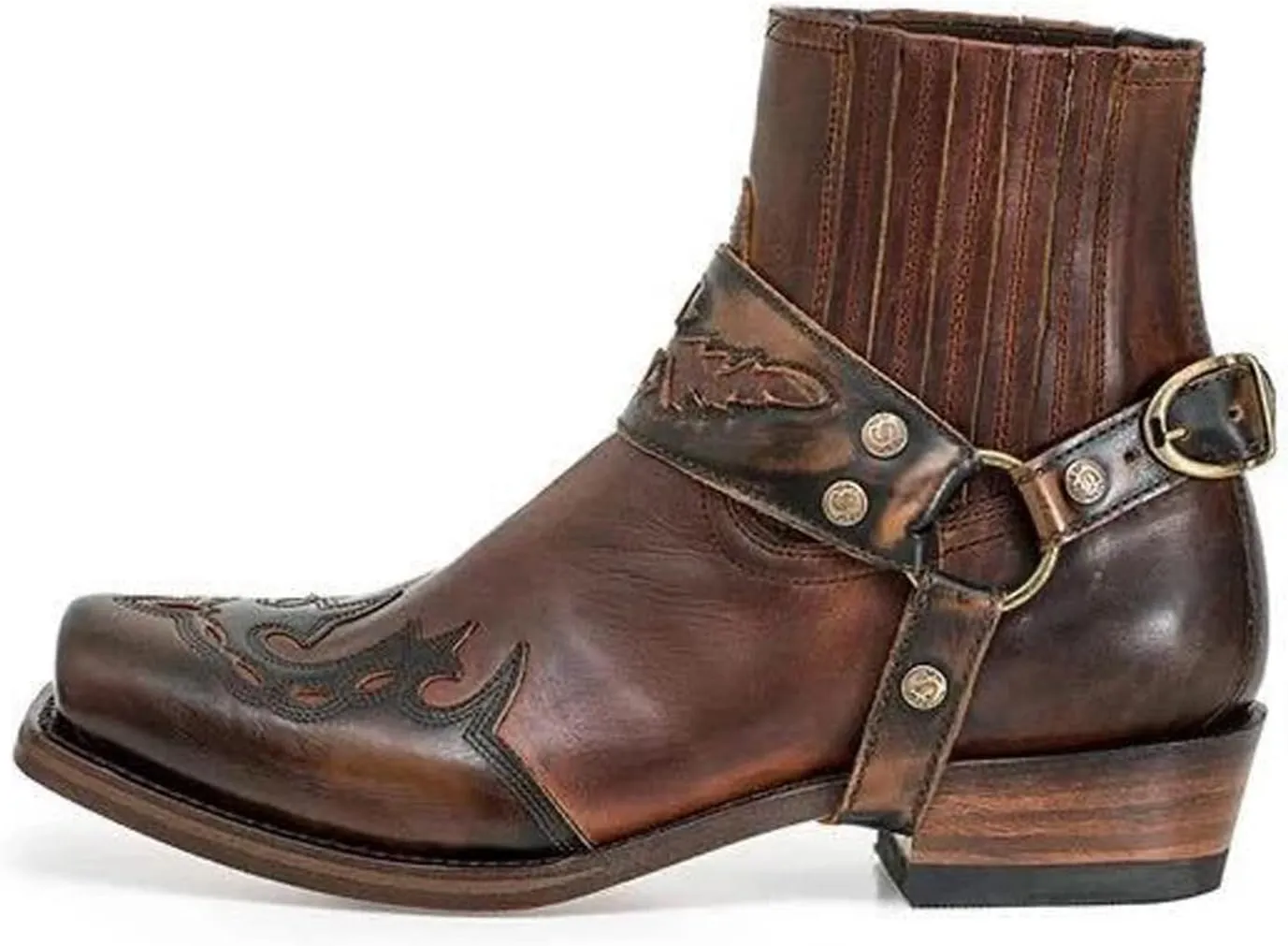 Men's Western Ankle Boots Fashion Buckle Strap Slip-on Boots Retro Leather Pointed Toe Chunky Heel Booties Cowboy Short Boots