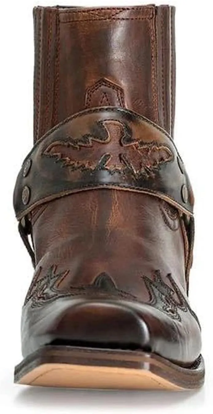 Men's Western Ankle Boots Fashion Buckle Strap Slip-on Boots Retro Leather Pointed Toe Chunky Heel Booties Cowboy Short Boots
