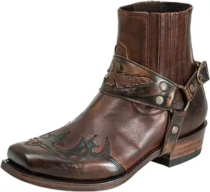 Men's Western Ankle Boots Fashion Buckle Strap Slip-on Boots Retro Leather Pointed Toe Chunky Heel Booties Cowboy Short Boots