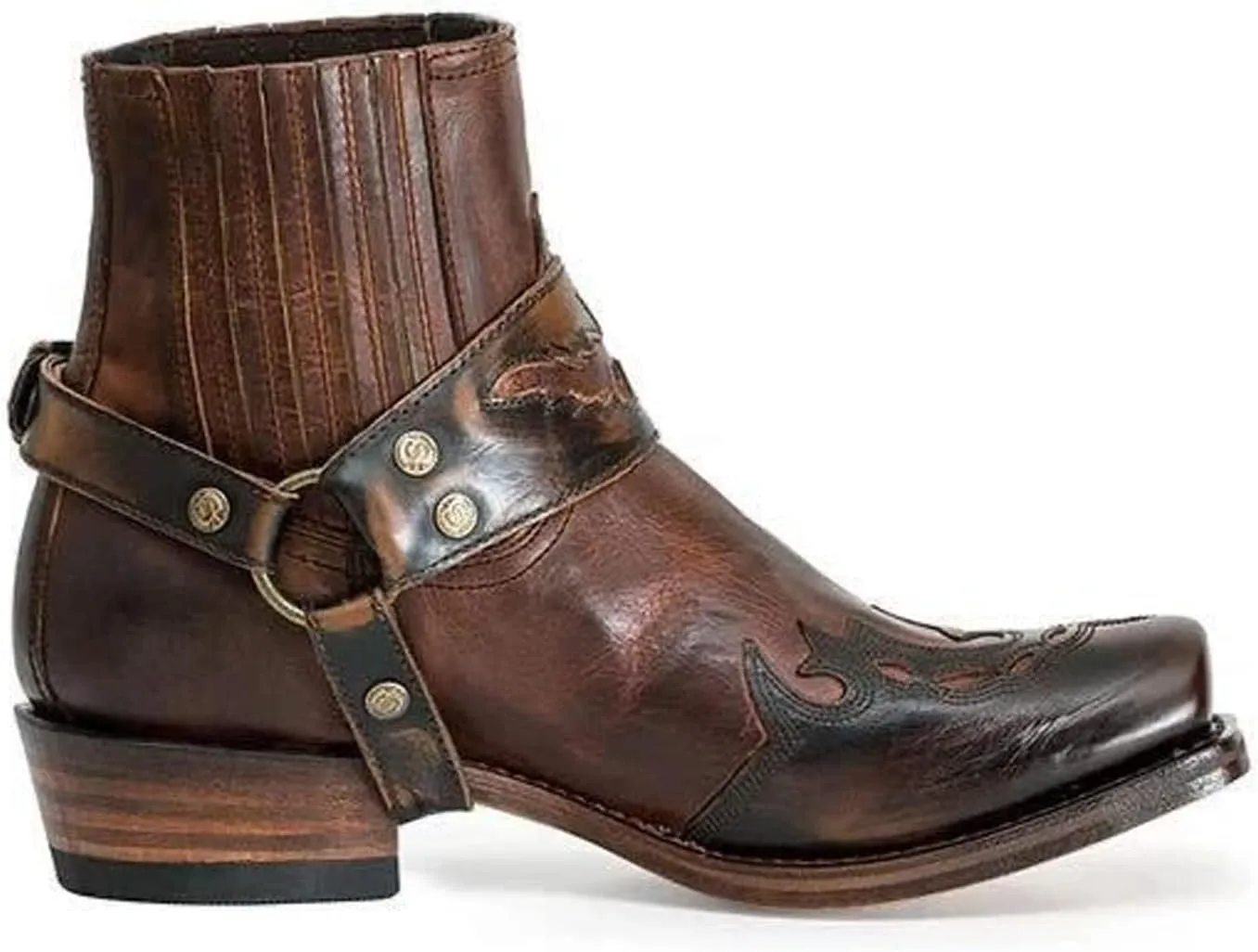 Men's Western Ankle Boots Fashion Buckle Strap Slip-on Boots Retro Leather Pointed Toe Chunky Heel Booties Cowboy Short Boots
