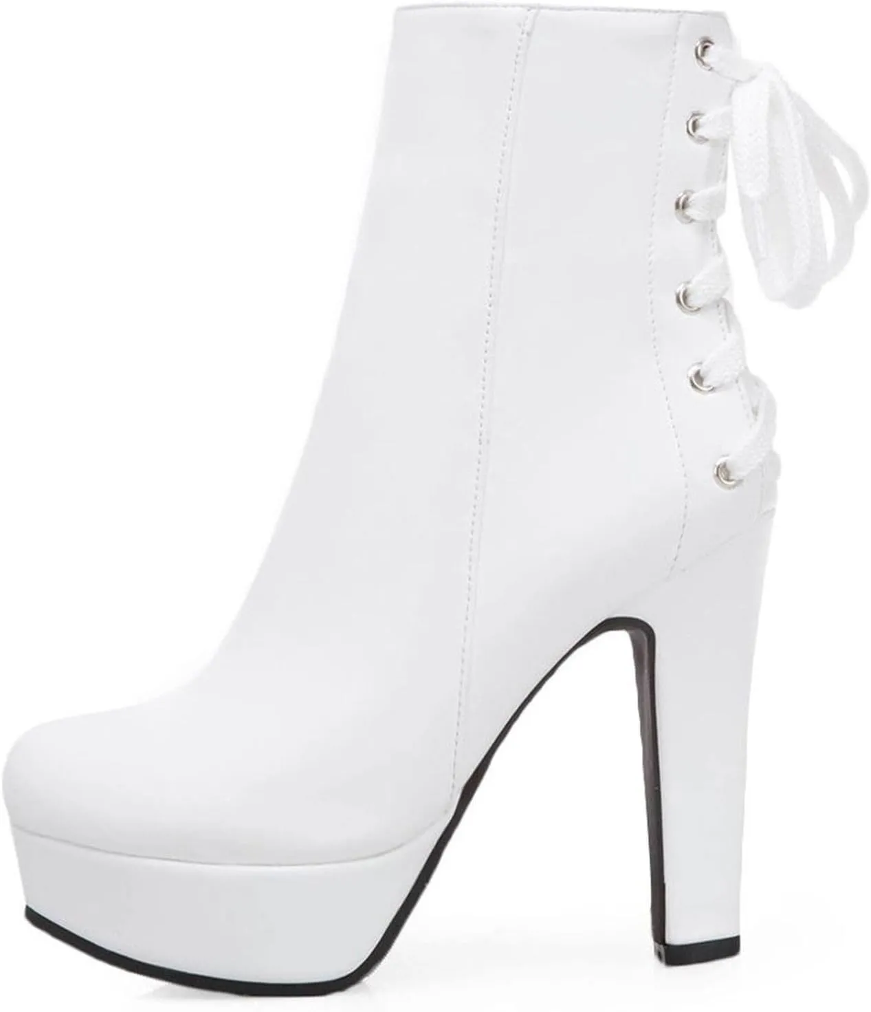oiangi Chunky High Heel Boots for Women Fashion Casual Round Toe Closed Toe Lace Up Zipper Platform Ankle Boots Solid Color Leather Ladies Heeled Shoes