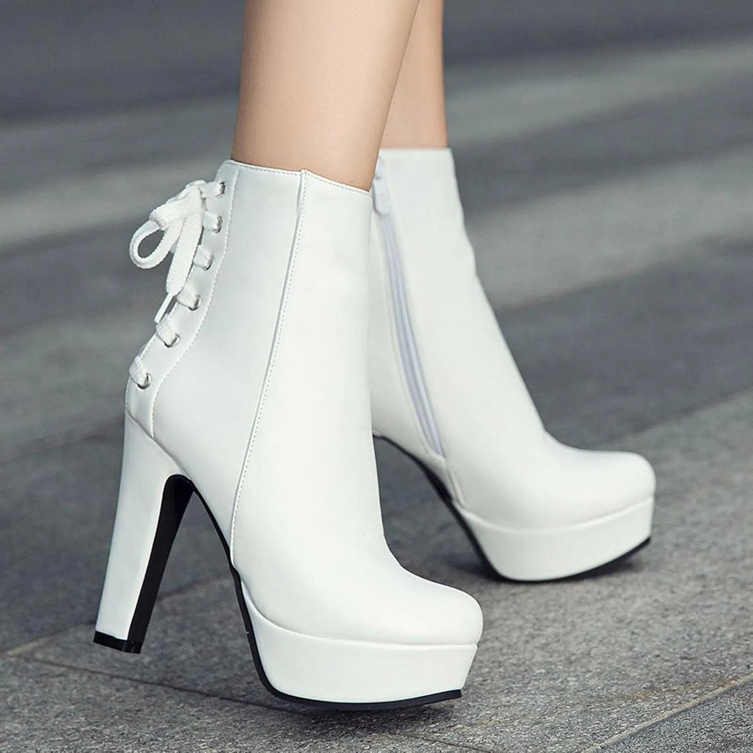 oiangi Chunky High Heel Boots for Women Fashion Casual Round Toe Closed Toe Lace Up Zipper Platform Ankle Boots Solid Color Leather Ladies Heeled Shoes