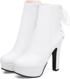 oiangi Chunky High Heel Boots for Women Fashion Casual Round Toe Closed Toe Lace Up Zipper Platform Ankle Boots Solid Color Leather Ladies Heeled Shoes