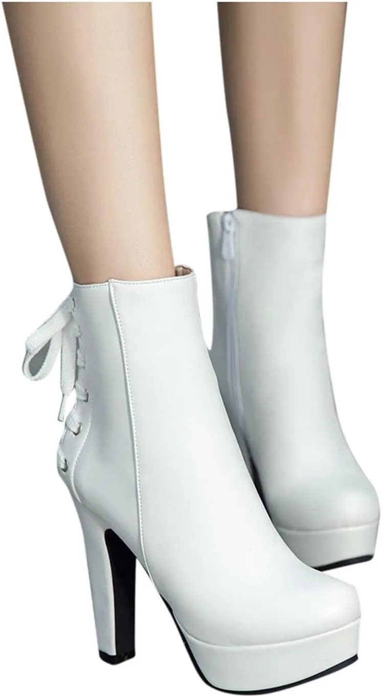 oiangi Chunky High Heel Boots for Women Fashion Casual Round Toe Closed Toe Lace Up Zipper Platform Ankle Boots Solid Color Leather Ladies Heeled Shoes