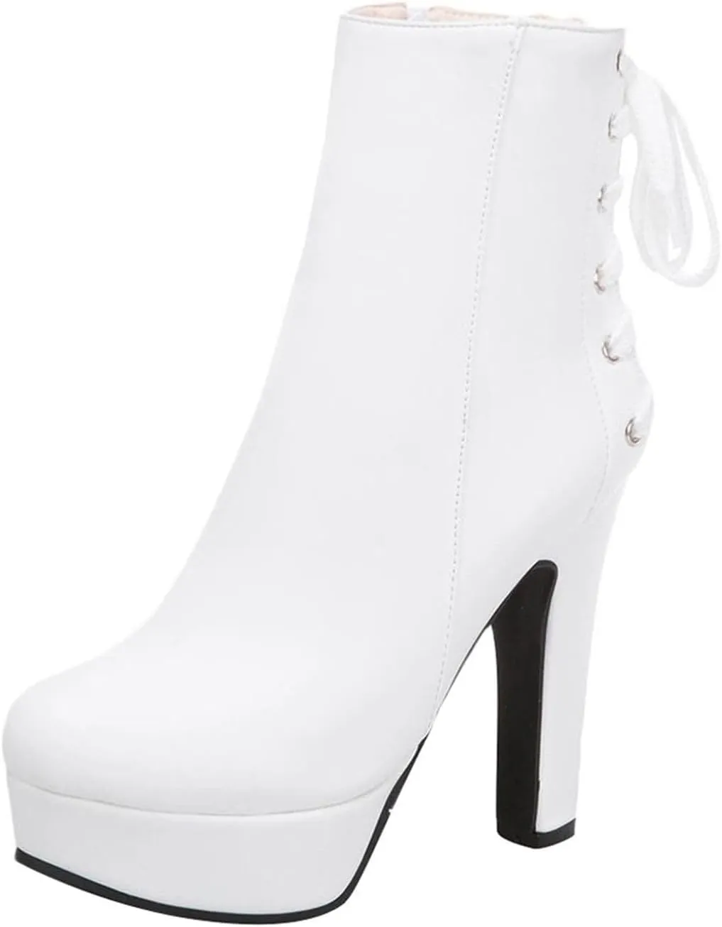 oiangi Chunky High Heel Boots for Women Fashion Casual Round Toe Closed Toe Lace Up Zipper Platform Ankle Boots Solid Color Leather Ladies Heeled Shoes