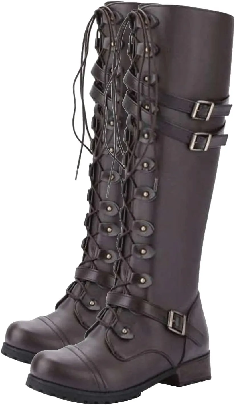 oiangi Knee High Boots Women 2022 Fashion Leather Belt Buckle Cross Lace Up Zipper Round Toe Block Low Heel Boots Solid Casual Ladies Shoes