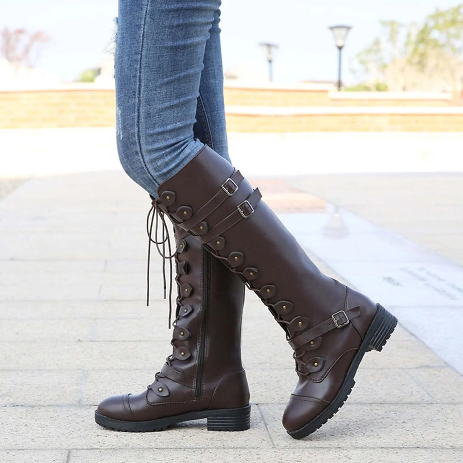 oiangi Knee High Boots Women 2022 Fashion Leather Belt Buckle Cross Lace Up Zipper Round Toe Block Low Heel Boots Solid Casual Ladies Shoes
