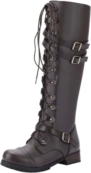 oiangi Knee High Boots Women 2022 Fashion Leather Belt Buckle Cross Lace Up Zipper Round Toe Block Low Heel Boots Solid Casual Ladies Shoes