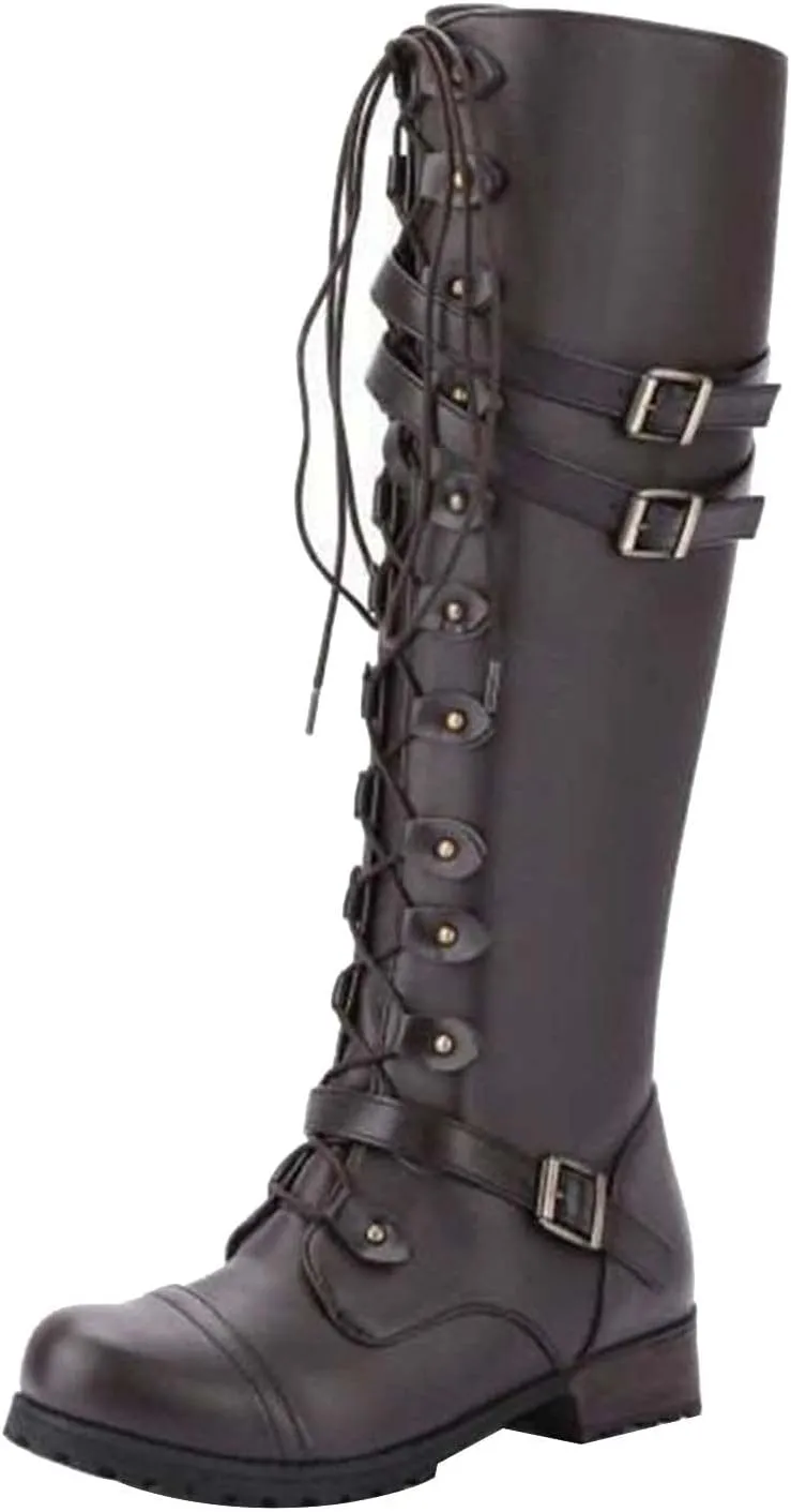 oiangi Knee High Boots Women 2022 Fashion Leather Belt Buckle Cross Lace Up Zipper Round Toe Block Low Heel Boots Solid Casual Ladies Shoes