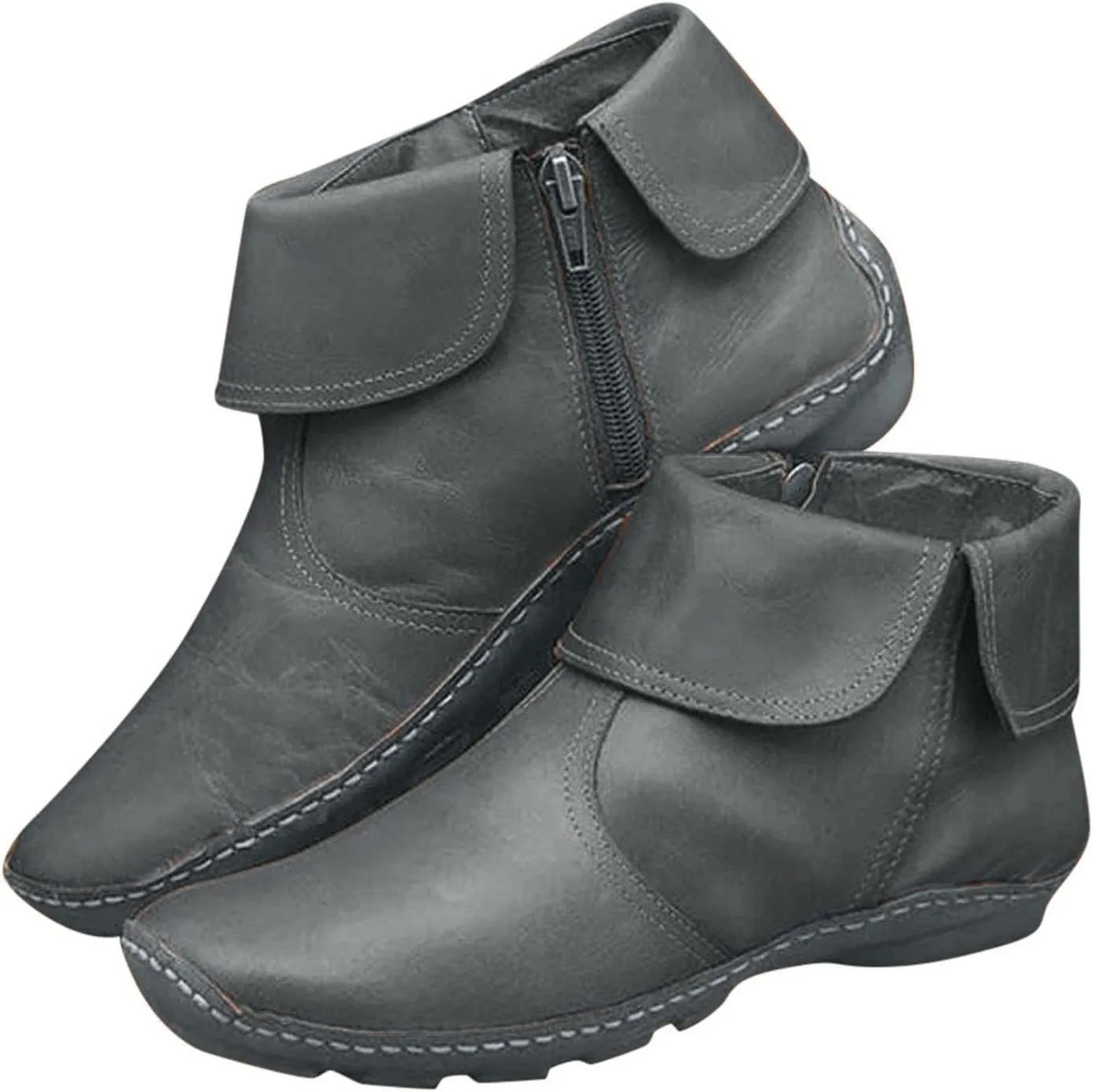 oiangi Leather Ankle Boots for Women Low Heel - Comfortable Round Toe Side Zipper Quilted Non-slip Short Booties Lightweight Casual Flat Shoes