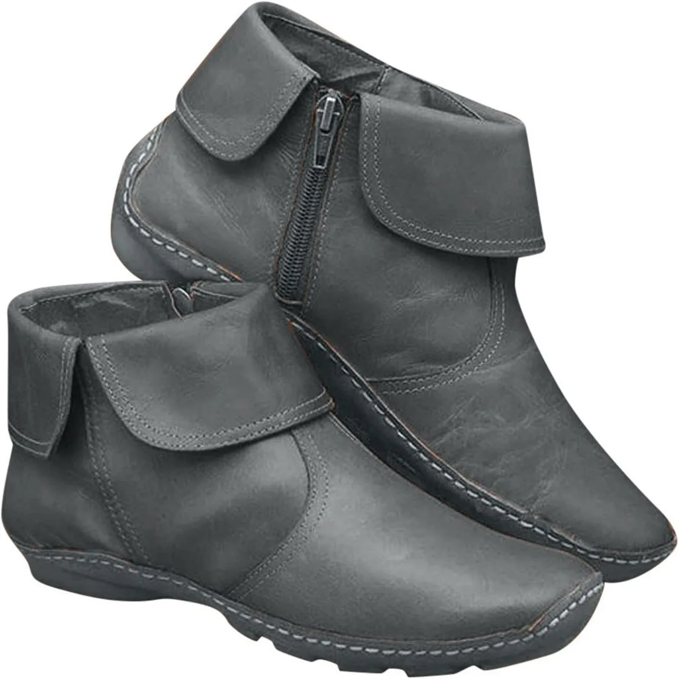 oiangi Leather Ankle Boots for Women Low Heel - Comfortable Round Toe Side Zipper Quilted Non-slip Short Booties Lightweight Casual Flat Shoes