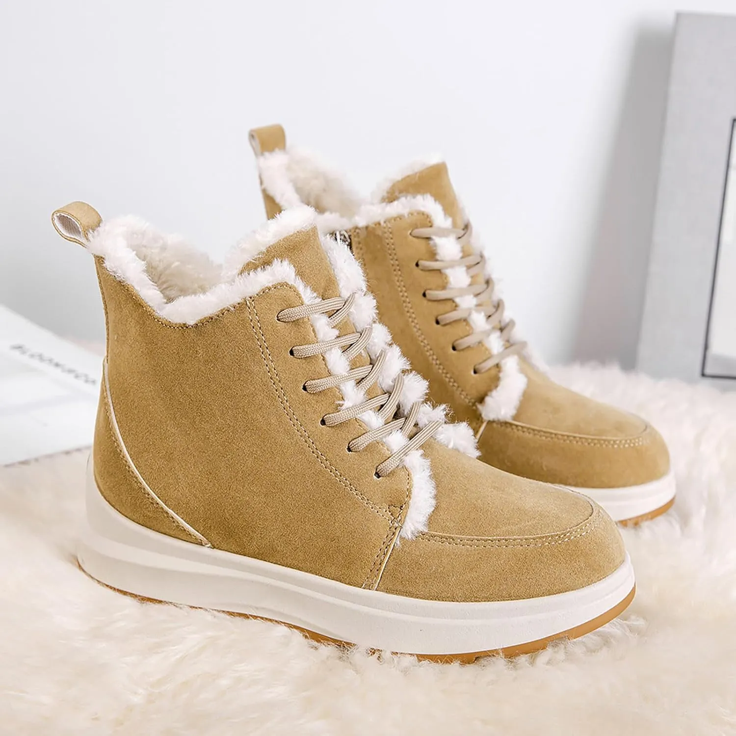 peqiut Womens Snow Boots Winter Snow Shoes Lightweight Winter Ankle Boots Suede Flat Lace Up Outdoor Booties Comfort