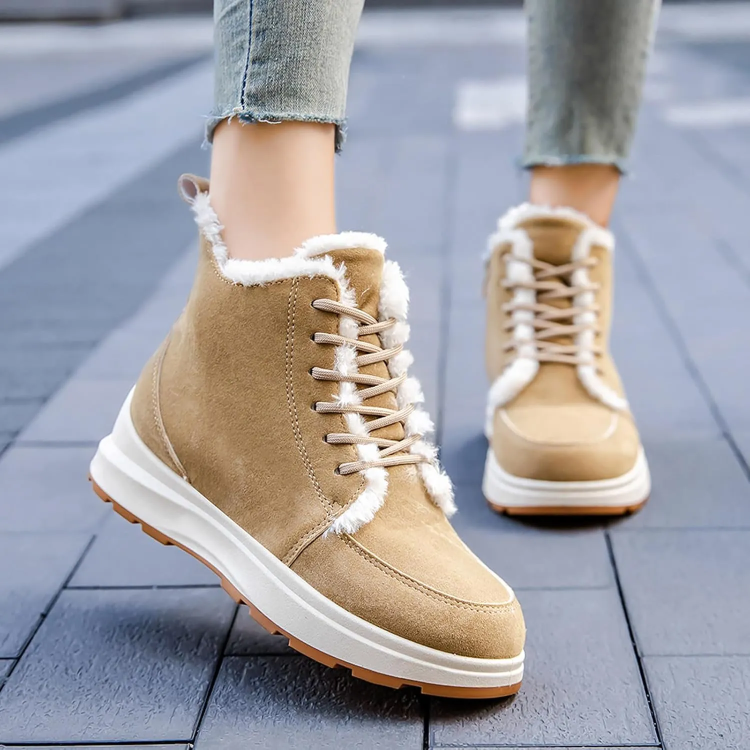 peqiut Womens Snow Boots Winter Snow Shoes Lightweight Winter Ankle Boots Suede Flat Lace Up Outdoor Booties Comfort